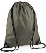 The PenCarrie BagBase Premium Gymsac in olive green features black drawcords and reinforced corners, shown against a white background.