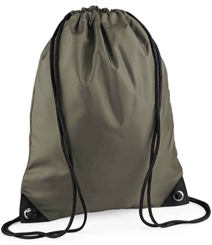 The PenCarrie BagBase Premium Gymsac in olive green features black drawcords and reinforced corners, shown against a white background.