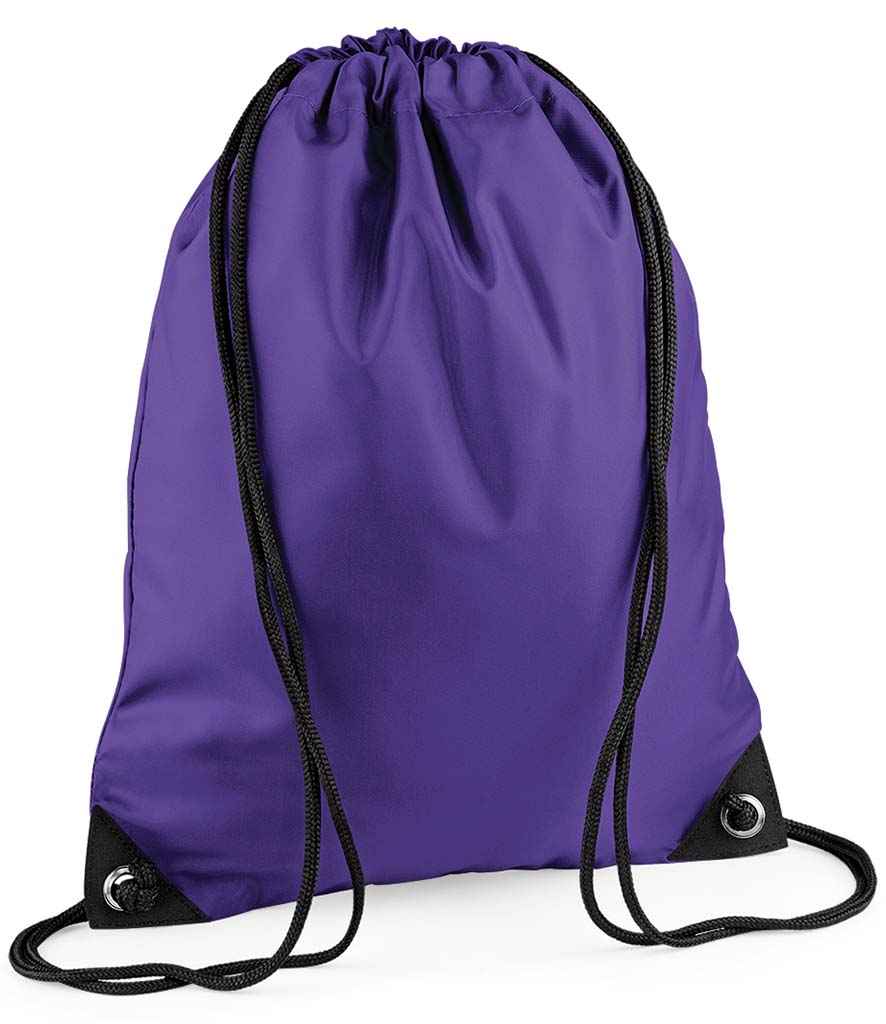 The PenCarrie BagBase Premium Gymsac in purple features black drawstrings and reinforced black corners, shown against a white background.