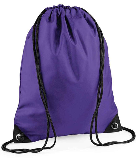 The PenCarrie BagBase Premium Gymsac in purple features black drawstrings and reinforced black corners, shown against a white background.