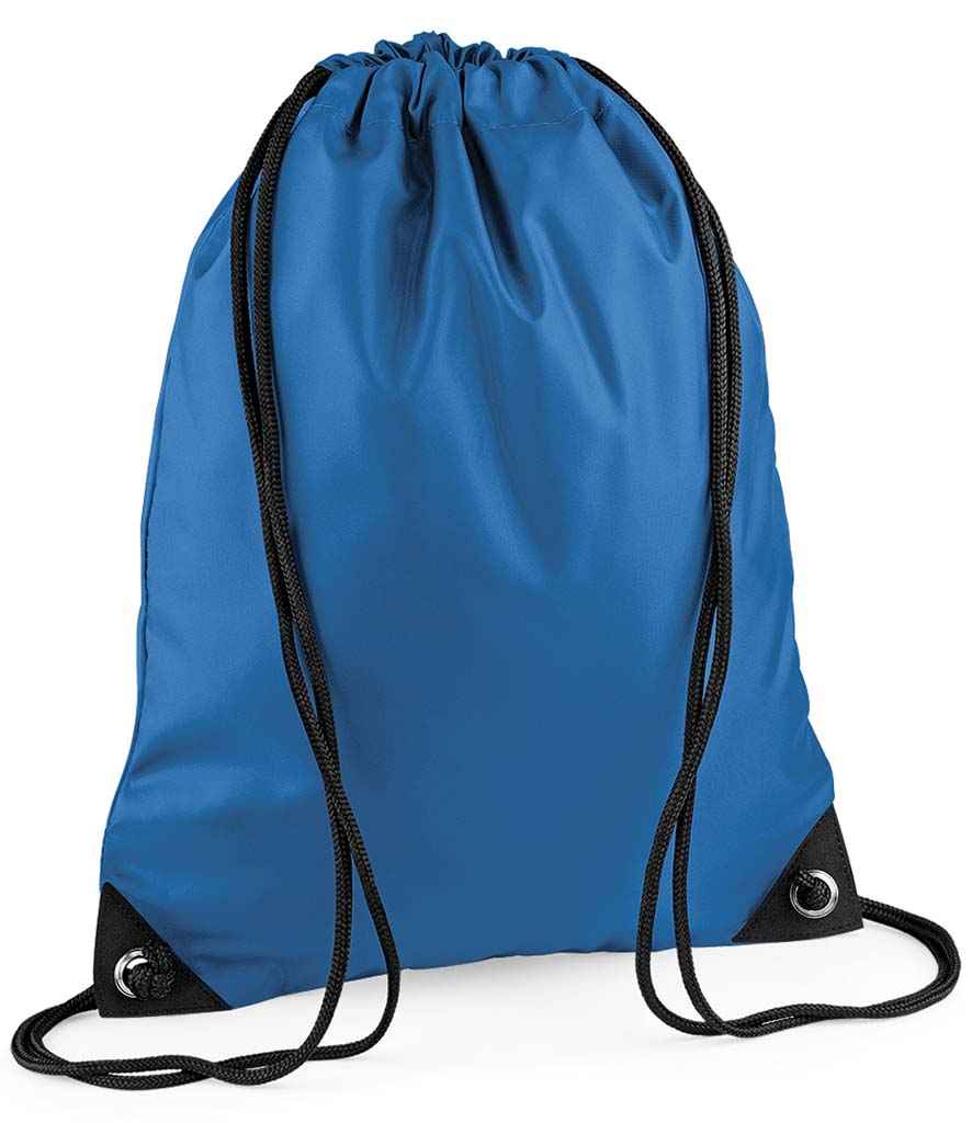 The PenCarrie BagBase Premium Gymsac in sapphire blue features black cords, reinforced corners with silver metal eyelets, and water resistance, displayed against a white background.