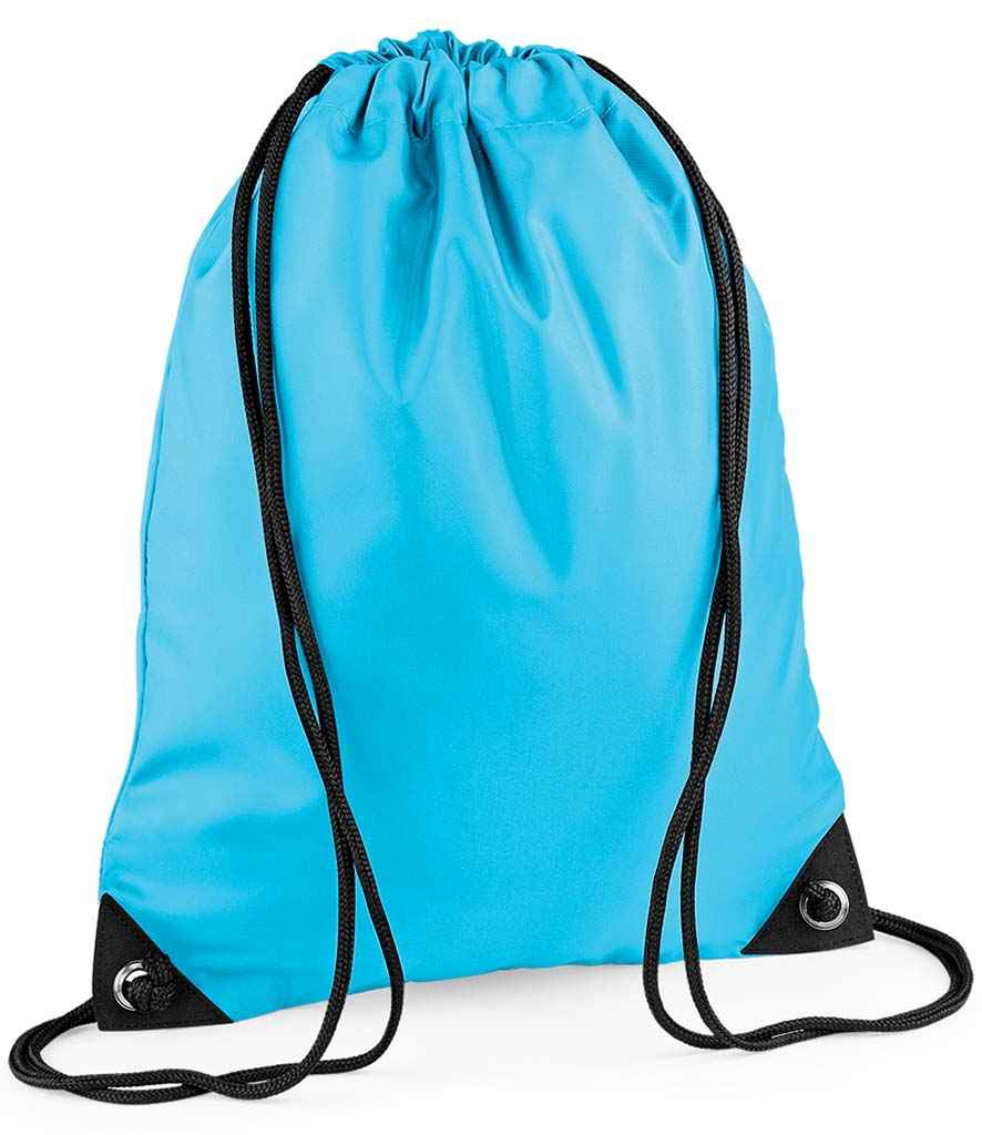 The PenCarrie BagBase Premium Gymsac in Surf Blue is a water-resistant drawstring bag with black strings, reinforced black corners, and metal grommets.