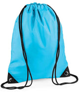 The PenCarrie BagBase Premium Gymsac in Surf Blue is a water-resistant drawstring bag with black strings, reinforced black corners, and metal grommets.