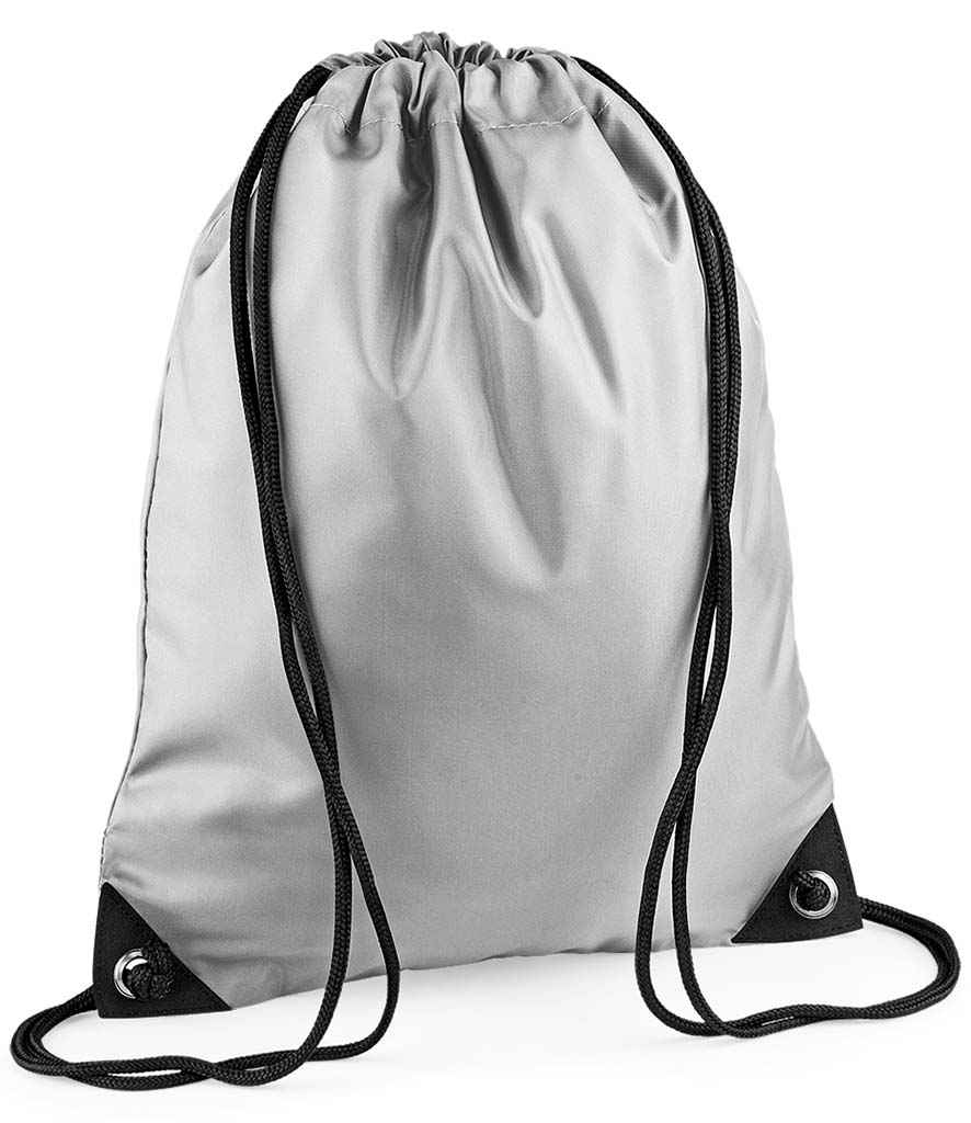 The PenCarrie BagBase Premium Gymsac in silver features black drawstrings and reinforced black corners, shown against a white background.
