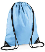 The BagBase Premium Gymsac by PenCarrie in sky blue features black strings and reinforced corners, is water resistant, simple, unadorned, and shown against a white background.