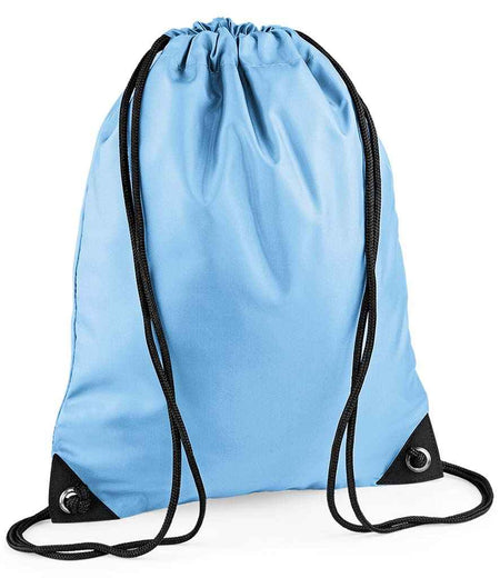 The BagBase Premium Gymsac by PenCarrie in sky blue features black strings and reinforced corners, is water resistant, simple, unadorned, and shown against a white background.