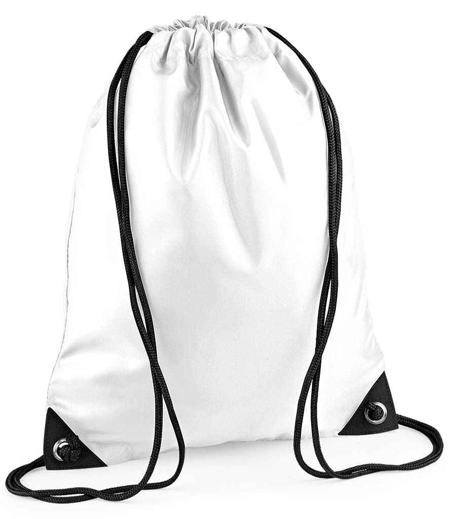 The PenCarrie BagBase Premium Gymsac in white features black drawstrings, reinforced black corners, and is displayed against a white background.
