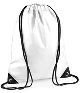 The PenCarrie BagBase Premium Gymsac in white features black drawstrings, reinforced black corners, and is displayed against a white background.