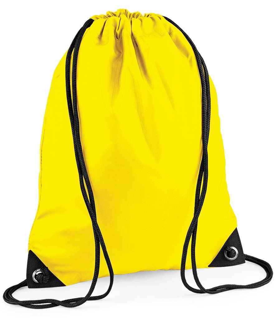 The PenCarrie BagBase Premium Gymsac, a bright yellow water-resistant drawstring bag with black strings, reinforced corners, and metal grommets, is shown against a white background.