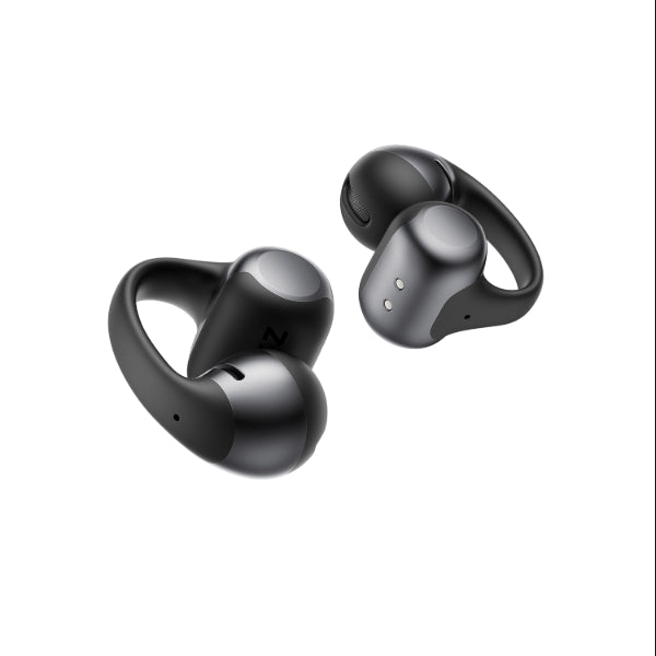 The Shokz OpenDots One wireless black and silver open-ear earbuds by Shokz are shown against a white background, highlighting both inner and outer sides for an enhanced audio experience.
