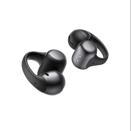 The Shokz OpenDots One wireless black and silver open-ear earbuds by Shokz are shown against a white background, highlighting both inner and outer sides for an enhanced audio experience.
