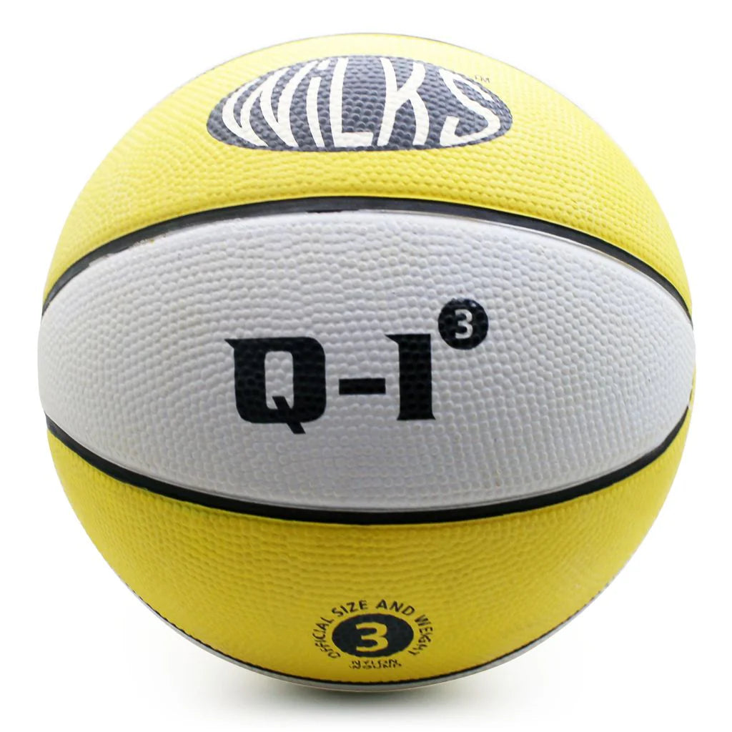 The Wilks Q-1 Basketball is a durable yellow and white ball with “Wilks,” “Q-1³” in black at the center, a size 3 logo at the bottom—perfect for indoor or outdoor training sessions.