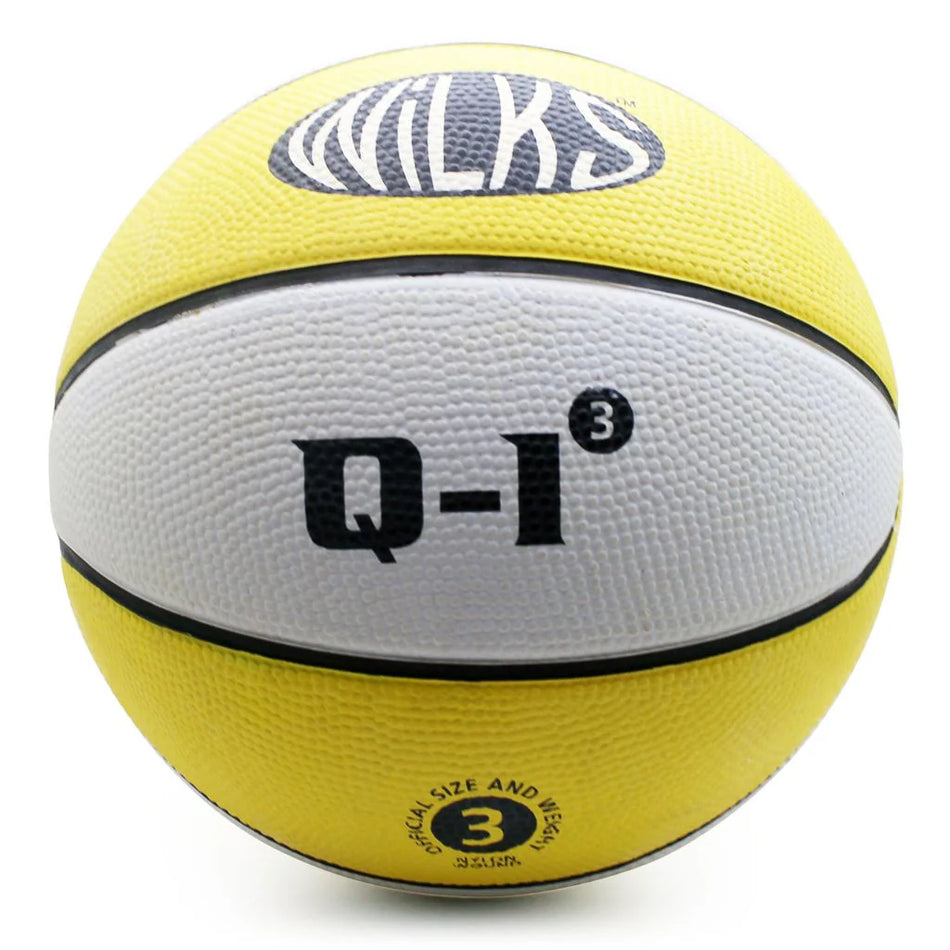 The Wilks Q-1 Basketball is a durable yellow and white ball with “Wilks,” “Q-1³” in black at the center, a size 3 logo at the bottom—perfect for indoor or outdoor training sessions.
