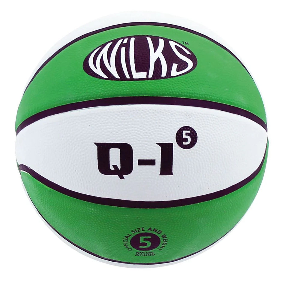 The Wilks Q-1 Basketball features a green and white design with black lines, "WILKS" on the upper panel, and "Q-1⁵", the number 5, plus "Official Size and Weight" on the lower panels. Durable for both indoor and outdoor use.