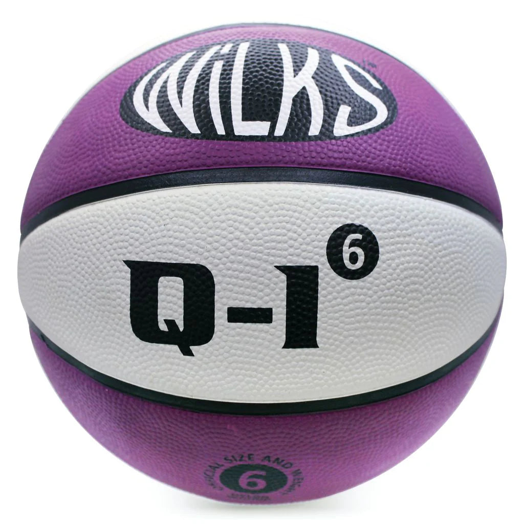 The Wilks Q-1 Basketball features a durable purple and white design with "WILKS" on top and "Q-1⁶" with the number 6 on the white panel, making it ideal for indoor and outdoor basketball training.