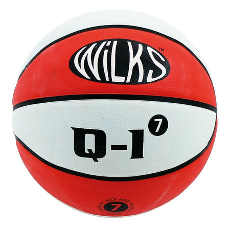 The Wilks Q-1 Basketball features a red and white design with “Wilks” in black. Suitable for indoor or outdoor use, it’s ideal for training or games, and is displayed here against a white background.