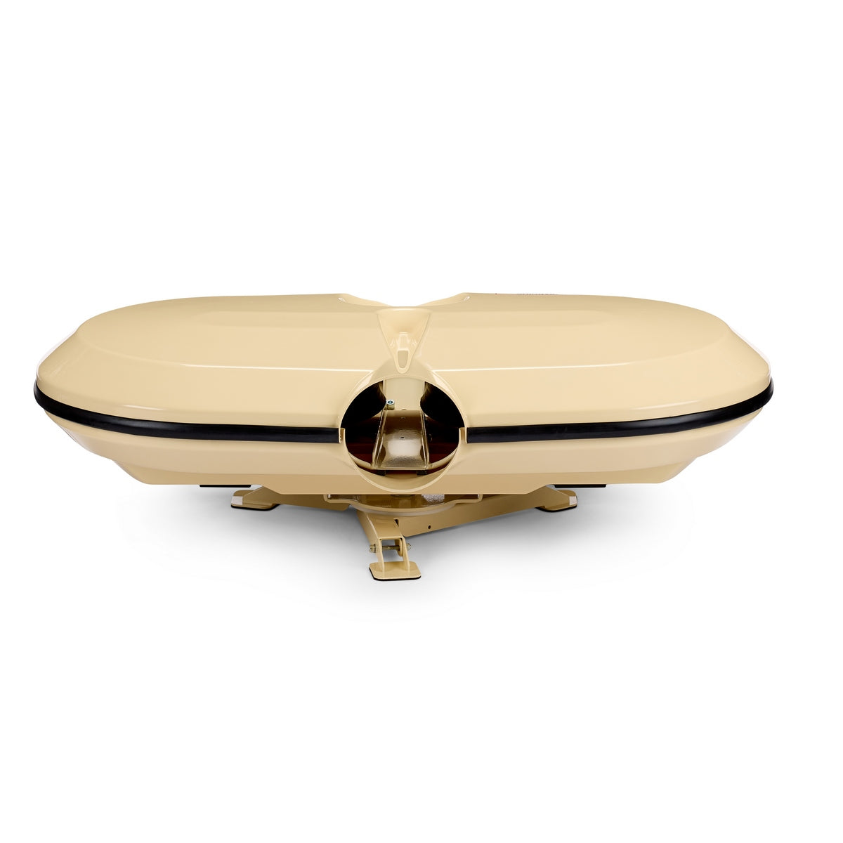 The Bola Hockey Machine by Bola is displayed against a white background, featuring a beige clamshell-style press design with a central opening, black trim, and a sturdy base supported by metal legs—reminiscent of advanced hockey training equipment.