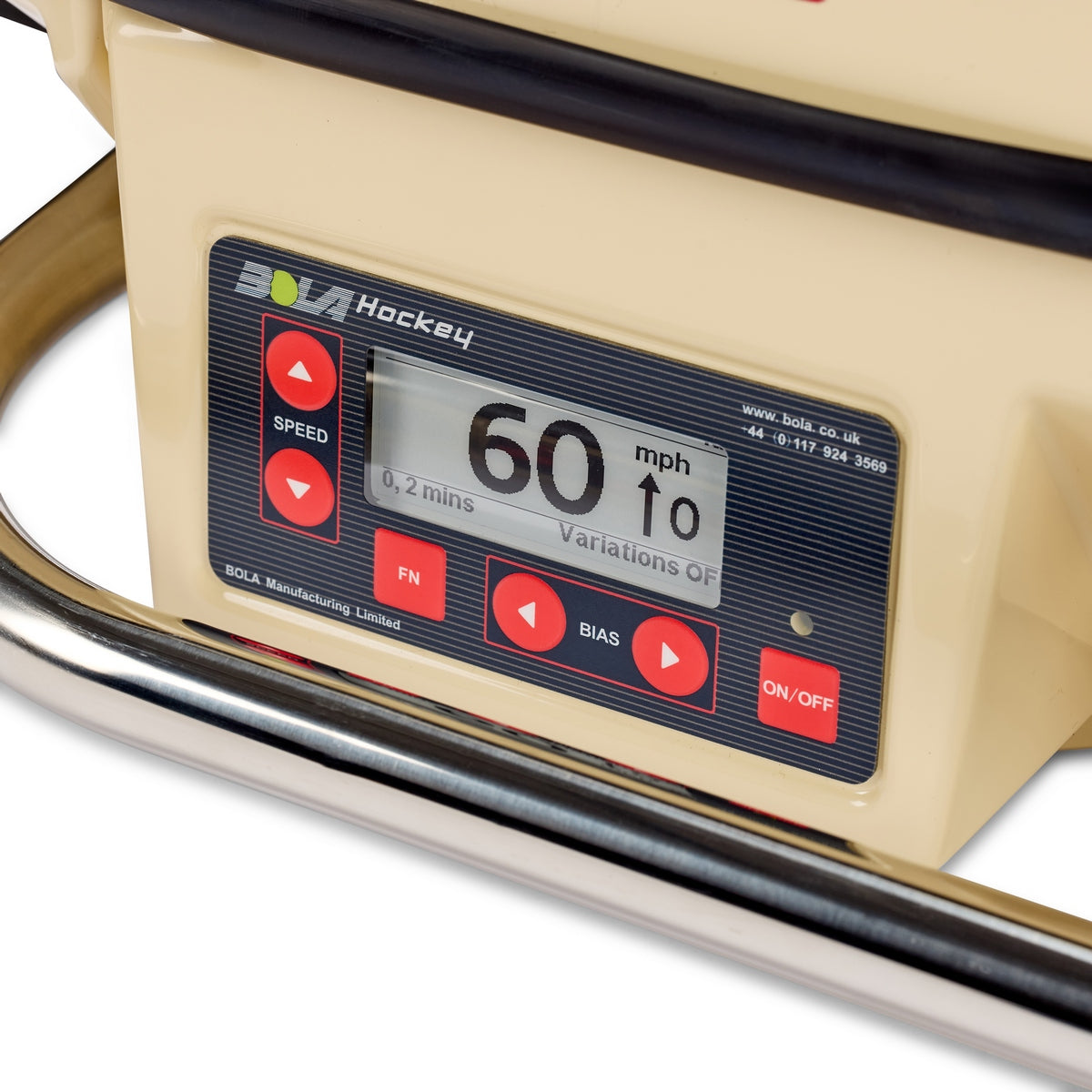 Close-up of the digital control panel on the Bola Hockey Machine by Bola, a vital tool for hockey training, showing a speed setting of 60 mph. The panel includes clearly labeled SPEED, FN, BIAS, and ON/OFF buttons, with a handlebar visible in the foreground—ideal for dedicated hockey practice sessions.