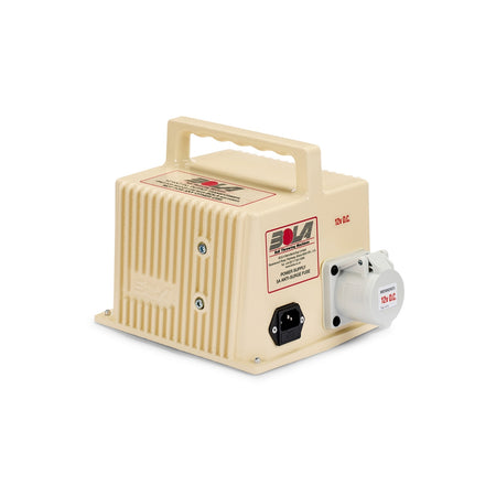 Beige, rectangular Bola Power Supply unit by Bola, featuring a convenient handle and a front control panel labeled “12V DC.” Equipped with a black power switch, input socket, and a white 12V output socket on the right side. Designed as a high amperage transformer ideal for use as a bowling machine transformer.