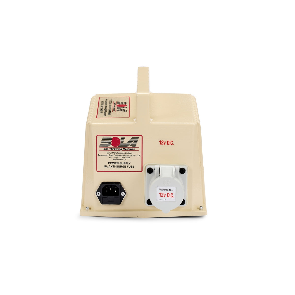 A beige Bola Power Supply by Bola, featuring a handle, on/off switch, power socket, and a labeled output socket (“Bola 12V D.C. Power Supply”) on the front. Designed specifically as a bowling machine transformer, it includes a high amperage transformer for reliable 12V DC performance.