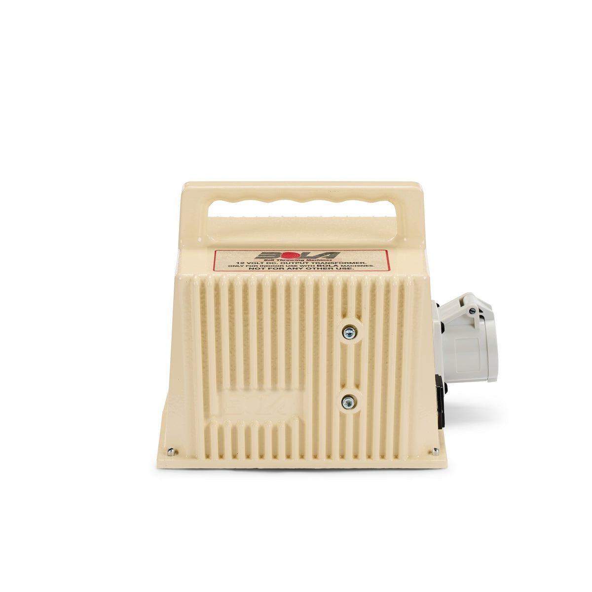 The Bola Power Supply is a beige, rectangular portable device from Bola, featuring a handle on top, ribbed front texture, and a white cylindrical attachment on the right side—designed as a high amperage transformer ideal for use as a BOLA Power Supply or bowling machine transformer.
