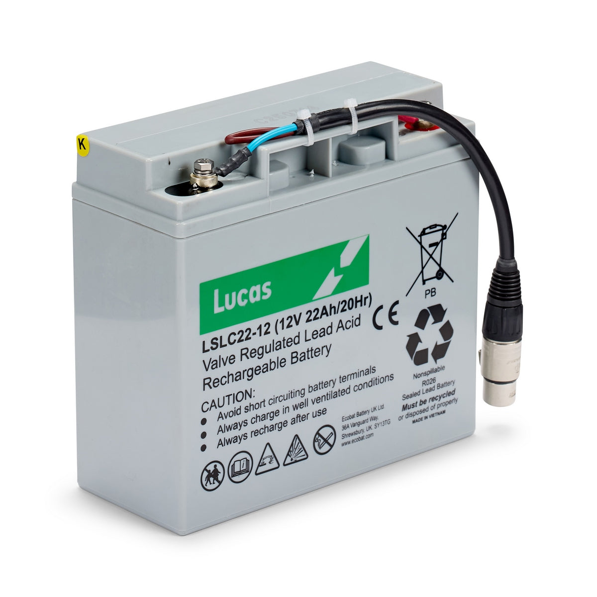 A Bola valve regulated lead acid rechargeable battery with attached cables and connector, designed for use with the BOLA Junior Bowling Machine during junior cricket practice. The gray battery casing features a label displaying technical details, safety warnings, and icons.