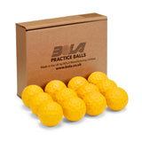 A cardboard box labeled Bola sits behind twelve yellow Bola Bowling Machine Balls, perfect for cricket training, neatly arranged in front of it.