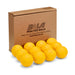 A cardboard box labeled Bola sits behind twelve yellow Bola Bowling Machine Balls, perfect for cricket training, neatly arranged in front of it.