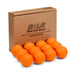 A cardboard box labeled "Bola Bowling Machine Balls - 12 Pack" from the Bola brand is shown behind twelve orange, dimpled training balls, neatly arranged in front of the box.