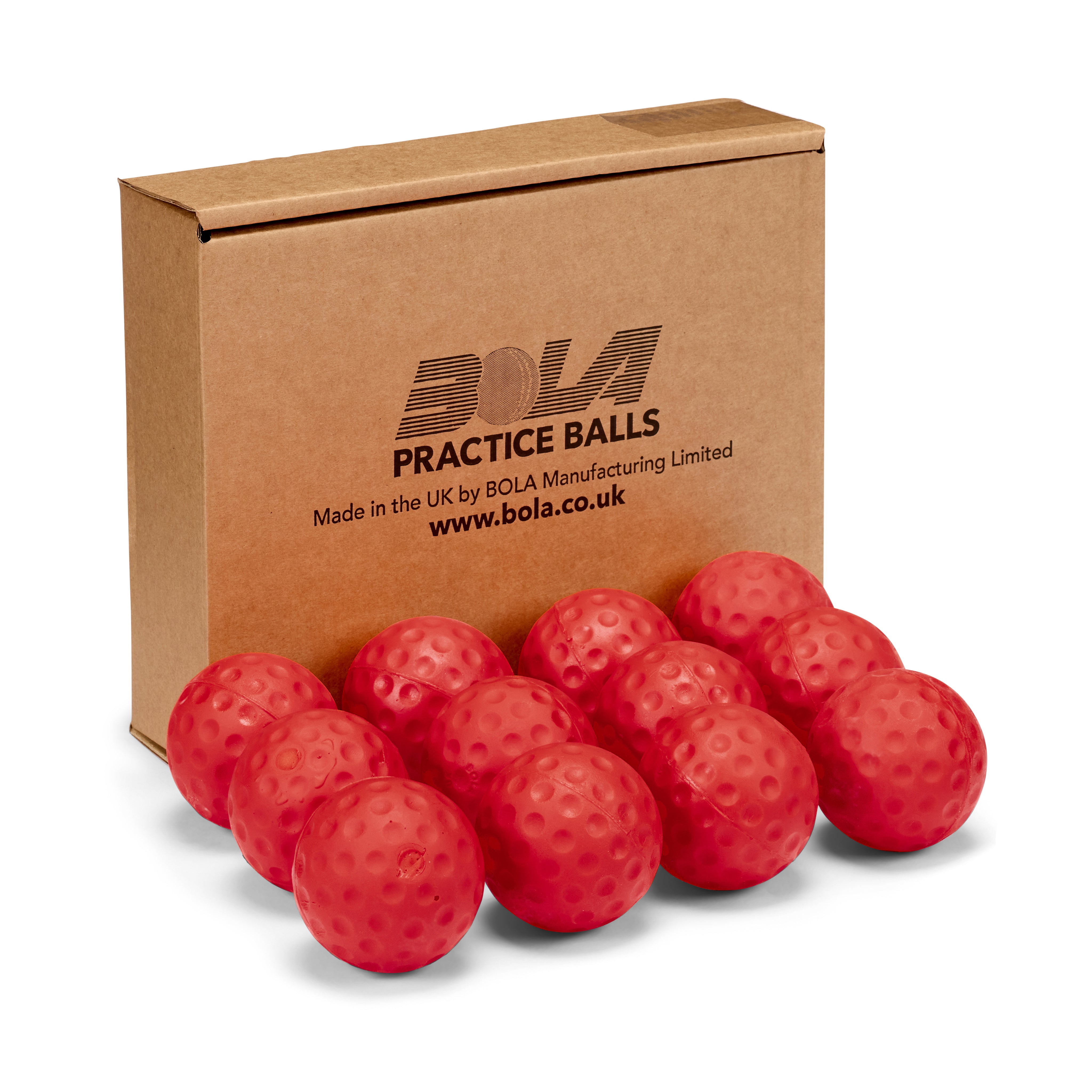 A cardboard box labeled "Bola Bowling Machine Balls - 12 Pack" from the Bola brand sits behind 12 red practice balls, each dimpled and arranged in two rows on a white background.