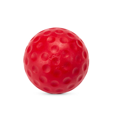 A Bola Bowling Machine Ball by Bola, featuring a red color and a dimpled surface reminiscent of a golf ball, shown against a white background—perfect for use with Bola bowling machines or as practice balls for cricket training sessions.