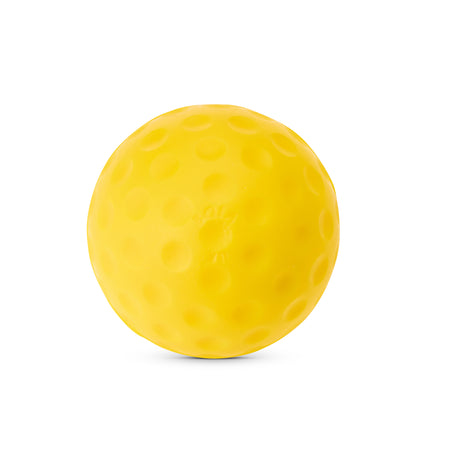 A bright yellow Bola Bowling Machine Ball by Bola rests on a white background.