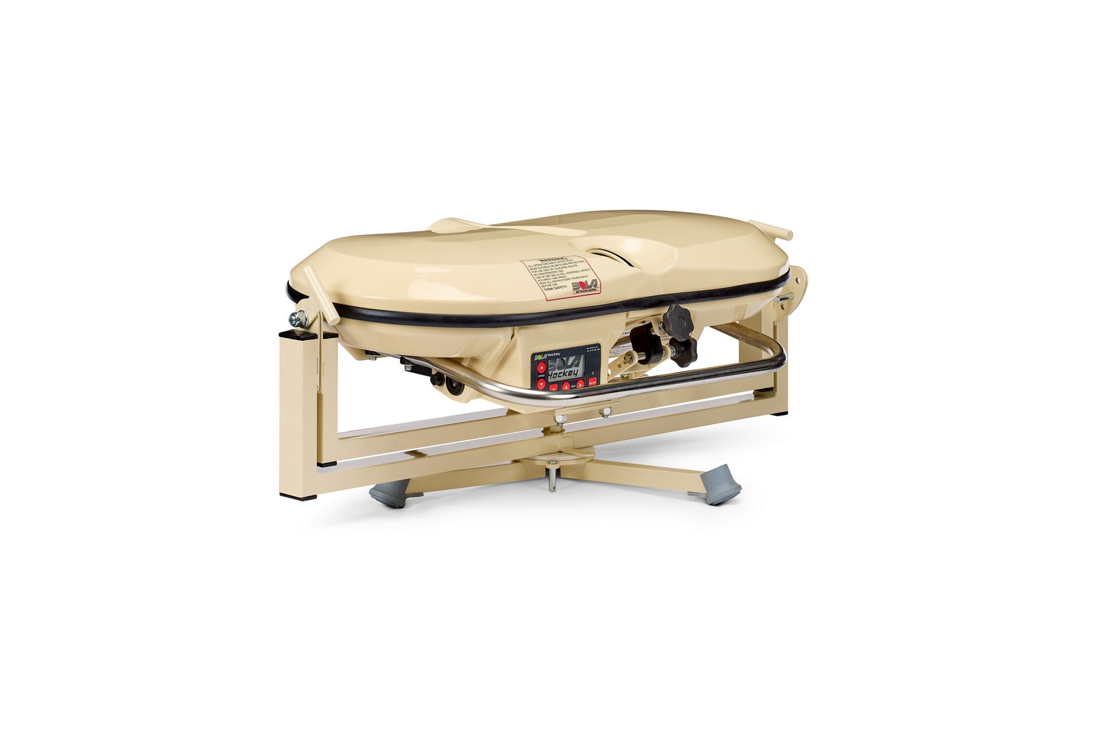 Bola Fielding Training Machine by Bola: A beige training device featuring a digital control panel, clear protective lid, and sturdy metal base on wheels—engineered for athletic fielding practice—with smooth mobility akin to a gimballed turntable, allowing precise positioning and easy access during use.