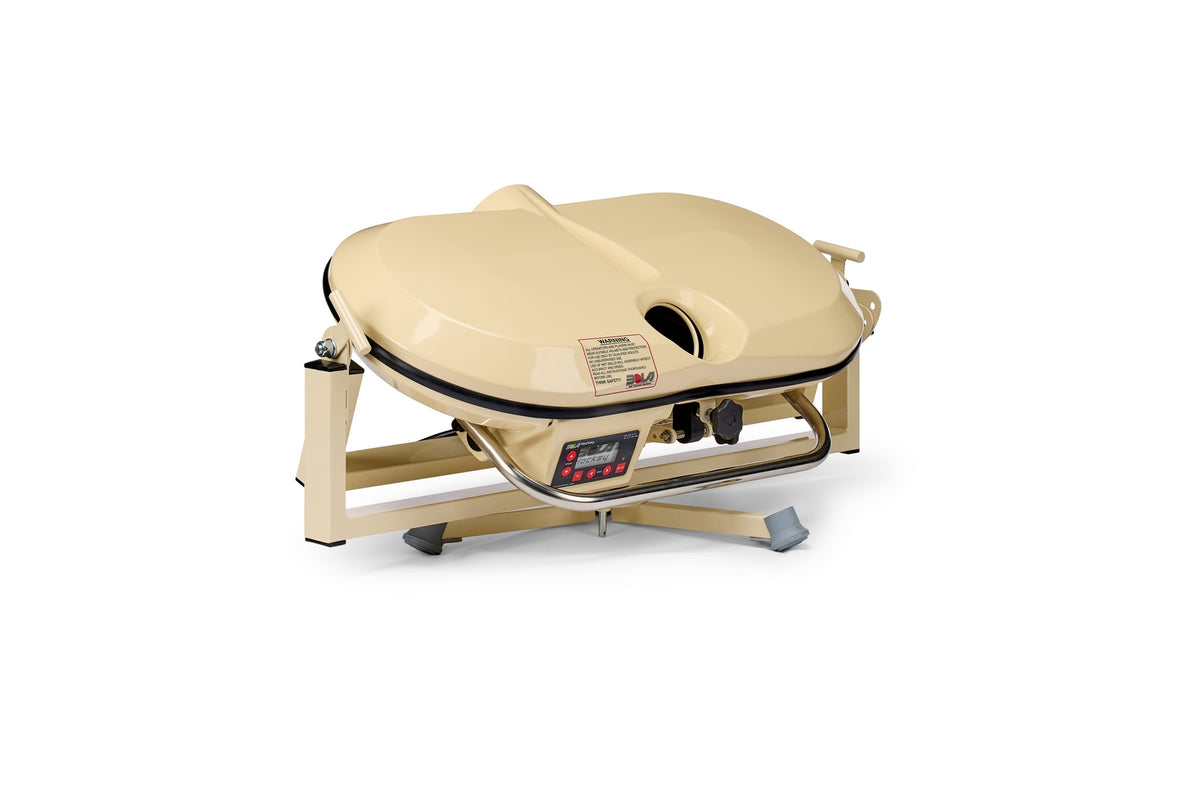 Beige Bola Fielding Training Machine by Bola featuring a rounded top, control panel, metal base, and digital display—designed for precise fielding training—equipped with a gimballed turntable system to ensure accurate and even ball delivery.