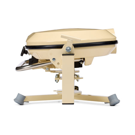 Side view of a closed, beige Bola Fielding Training Machine with gray-tipped legs and a compact design, standing on a white background—showcasing the sturdy construction characteristic of Bola products or the innovative engineering found in their renowned training equipment.