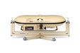 A Bola Fielding Training Machine from Bola, featuring a beige body with a digital control panel and a contoured tray, designed for precision practice sessions; it rests on a sturdy metal base with gray foot pads reminiscent of the stability found in a gimballed turntable.