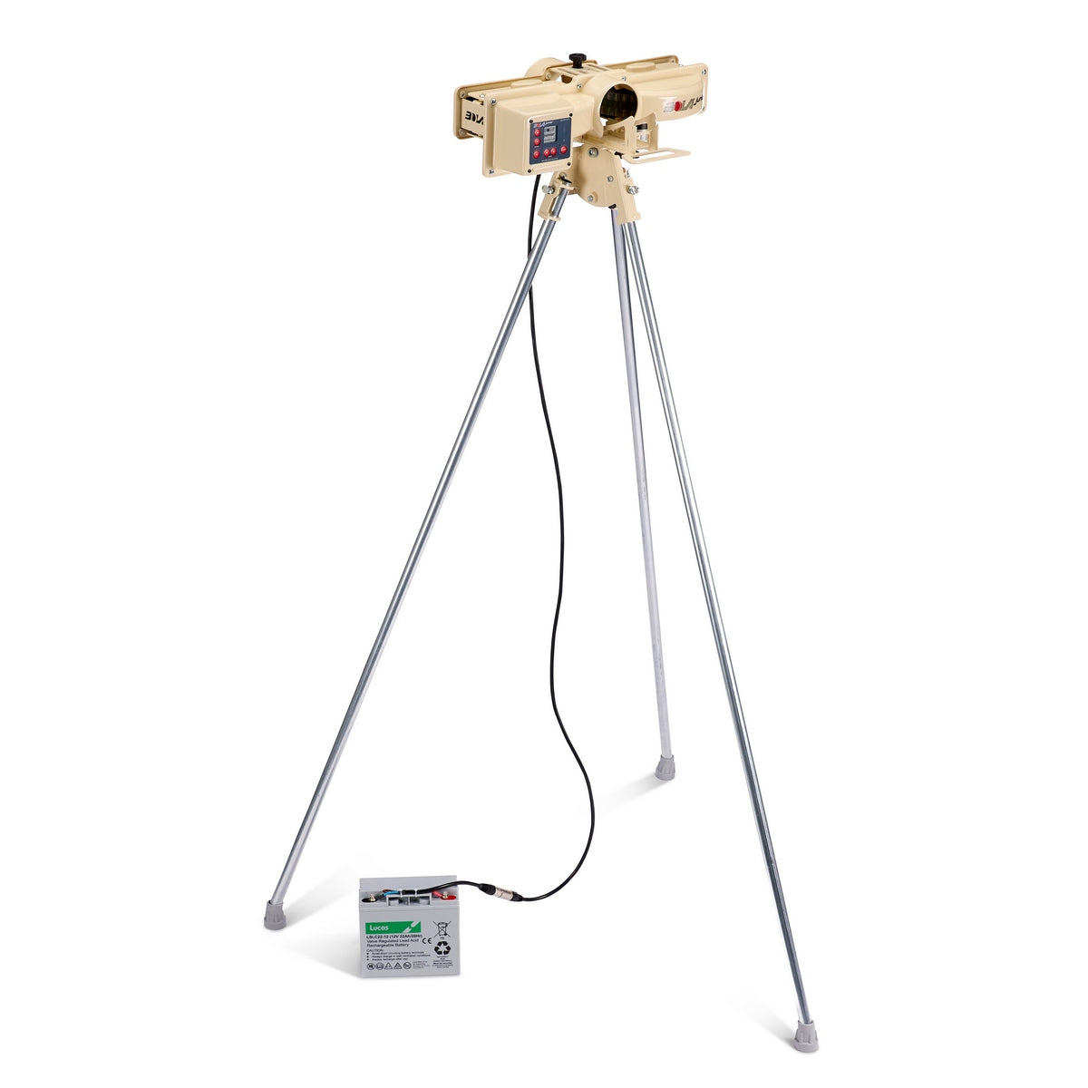 A beige radar speed gun, ideal for junior cricket practice, is mounted on a silver tripod with a connected control box on the floor, set against a white background—perfect for use alongside the Bola BOLA Junior Bowling Machine.