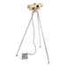 A beige radar speed gun, ideal for junior cricket practice, is mounted on a silver tripod with a connected control box on the floor, set against a white background—perfect for use alongside the Bola BOLA Junior Bowling Machine.