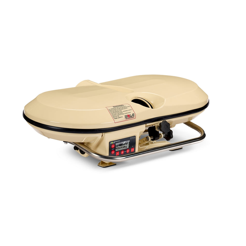 The Bola Hockey Machine by Bola features a beige-colored design with a closed lid, rounded edges, control knobs, and a foldable metal stand—ideal for post-practice meals or team gatherings after hockey training—shown against a white background.