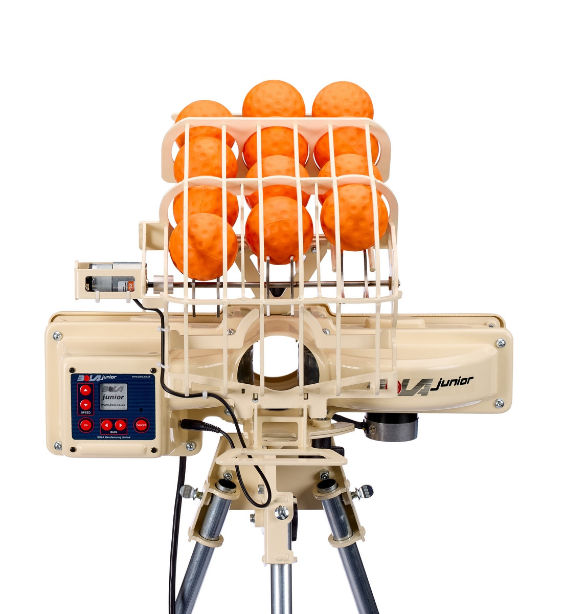 A Bola BOLA Junior Bowling Machine in beige, featuring a wire cage loaded with orange balls, a digital control panel on the left side, and mounted on a tripod—ideal for junior cricket practice—shown against a white background.