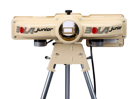 A beige BOVA junior pitch speed radar gun is displayed from the front, with its lens and branding clearly visible—perfect for tracking ball speed during junior cricket practice sessions or when paired with the Bola BOLA Junior Bowling Machine.