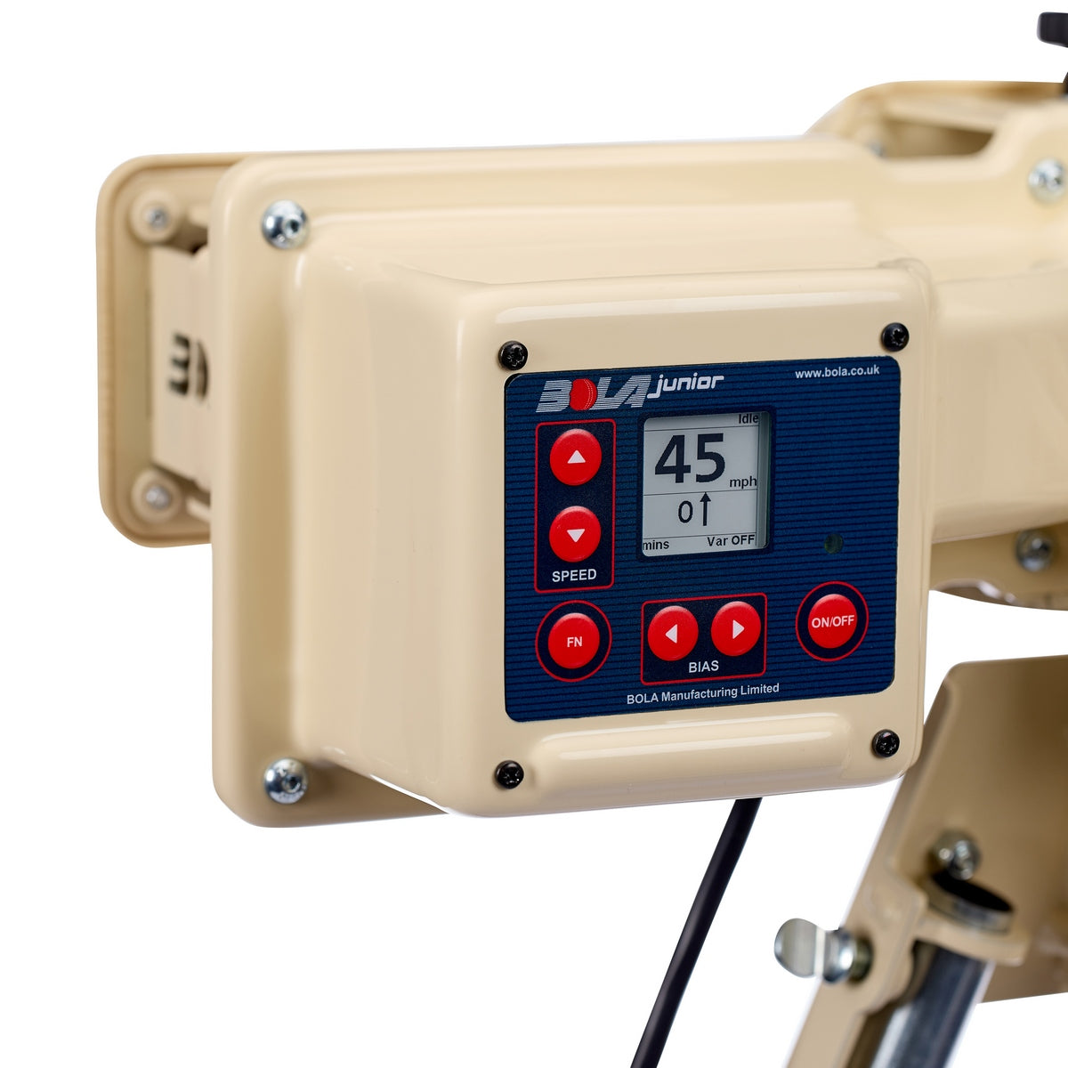 Close-up of the Bola BOLA Junior Bowling Machine control panel showing a speed setting of 45 mph, with dedicated buttons for speed, bias, and power. The panel is mounted on beige metal equipment—ideal for junior cricket practice sessions.