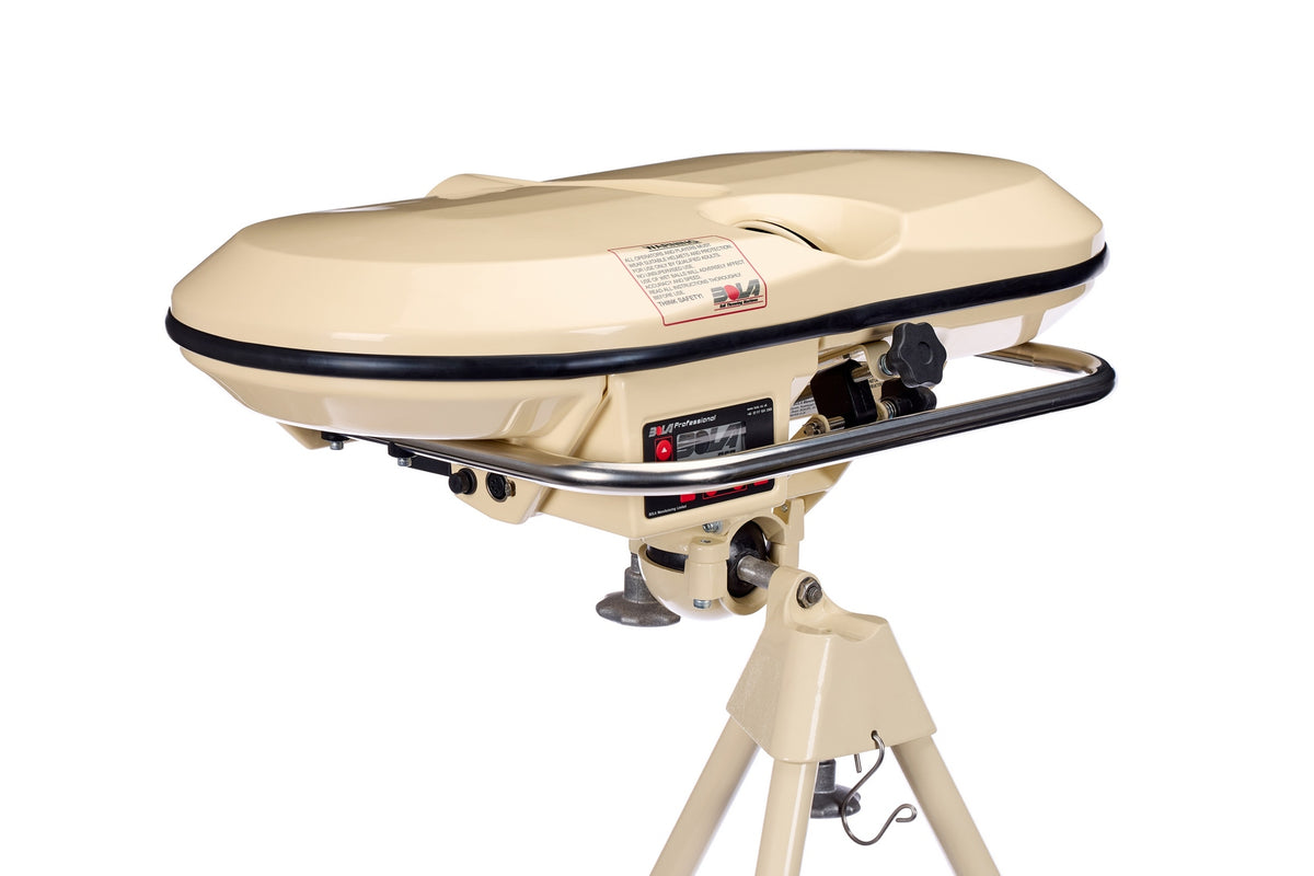 Bola Professional Bowling Machine by Bola, featuring a sleek beige design with a rounded top, mounted on a sturdy metal stand with convenient handle and control knobs—perfect for honing your cricket skills and unwinding between batting practice sessions.