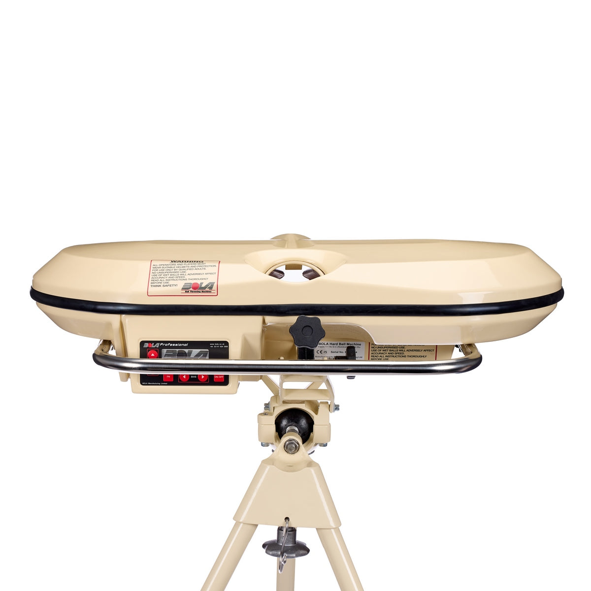 A Bola Professional Bowling Machine by Bola, featuring an ePaper display and a metal bar, mounted on a sturdy stand with tripod legs, viewed from the front against a white background.