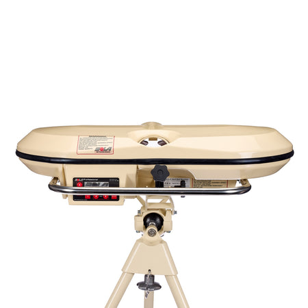 A Bola Professional Bowling Machine by Bola, featuring an ePaper display and a metal bar, mounted on a sturdy stand with tripod legs, viewed from the front against a white background.