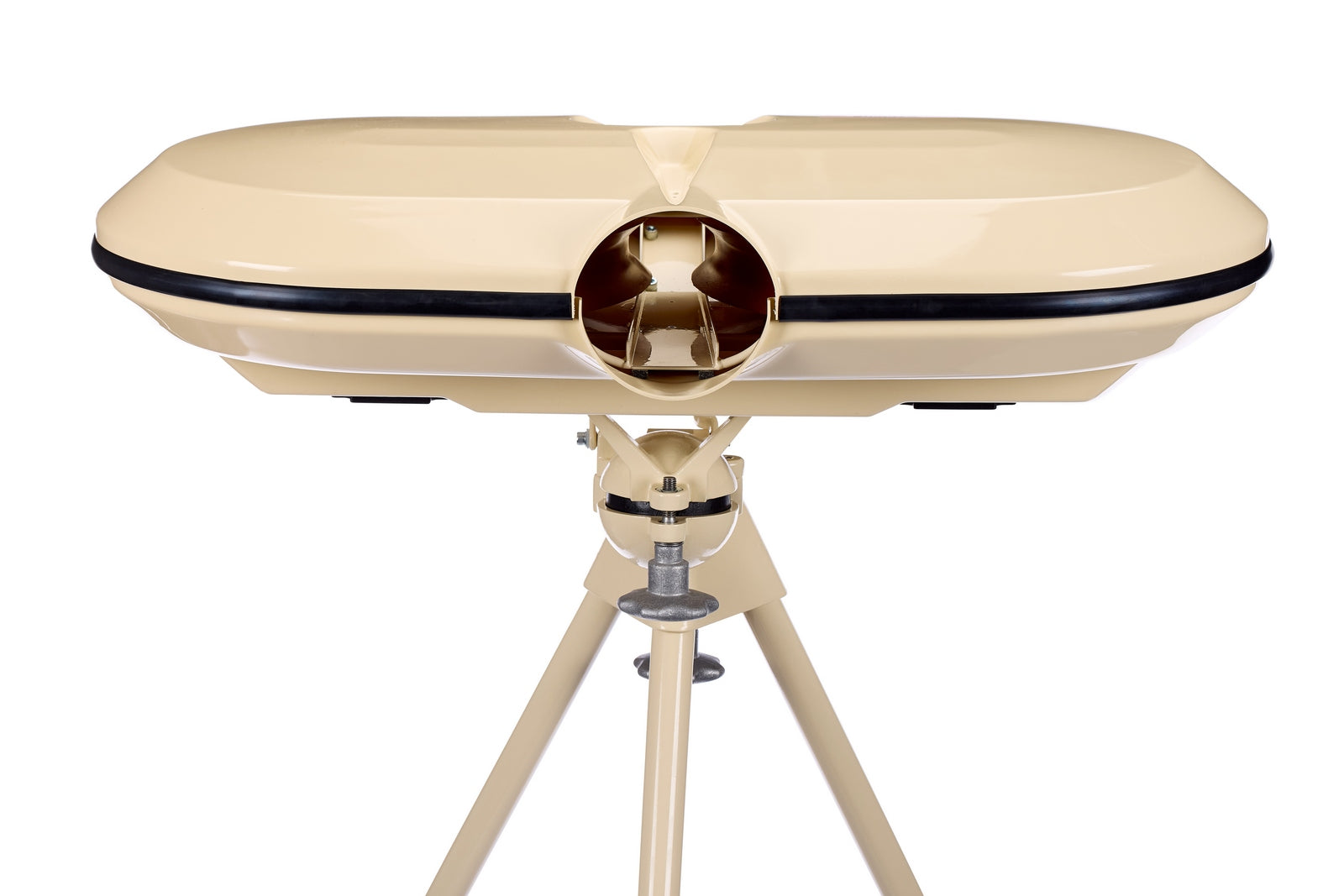 A beige Bola dual-lens device, set on a coordinating tripod against a white background, resembles vintage binoculars or a viewfinder and is designed for use with the Bola Professional Bowling Machine during cricket batting practice.