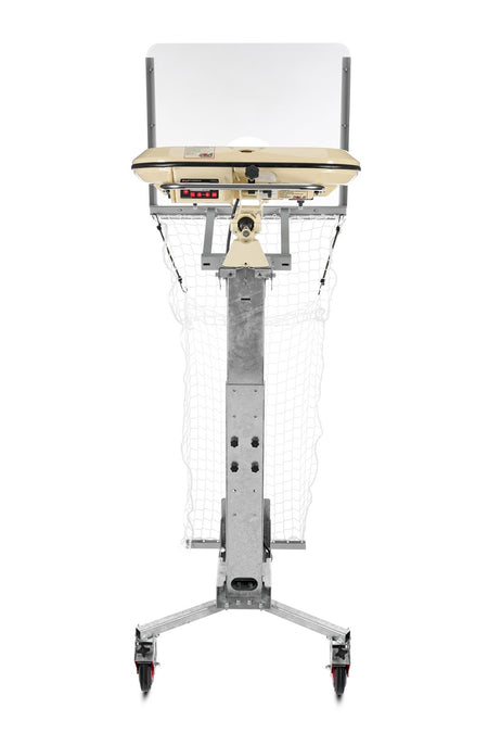 A front view of the Bola Column Stand volleyball serving machine by Bola, featuring a yellow top, control panel, and net attachment, mounted on a sturdy metal base with wheels and adjustable delivery height for versatile practice sessions.