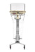 A front view of the Bola Column Stand volleyball serving machine by Bola, featuring a yellow top, control panel, and net attachment, mounted on a sturdy metal base with wheels and adjustable delivery height for versatile practice sessions.