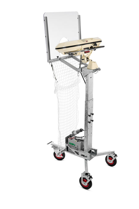 The Bola Column Stand by Bola is a metal stand with wheels, netting attached to the side, and an angled adjustable ball launcher on top for variable delivery height, designed to hold a baseball pitching machine for practice or training.