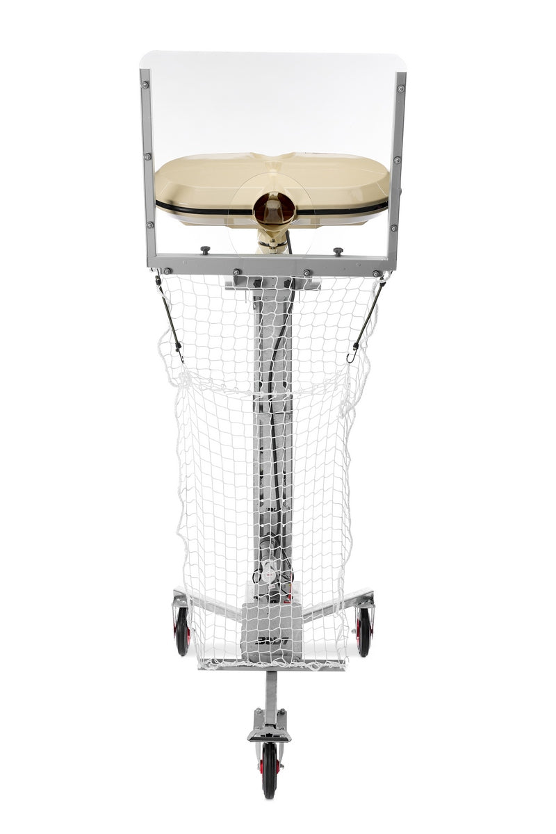 The Bola Column Stand by Bola features a tan wheel, clear guard, metal stand, and netting below, providing an adjustable delivery height for versatile training sessions during sports practice.